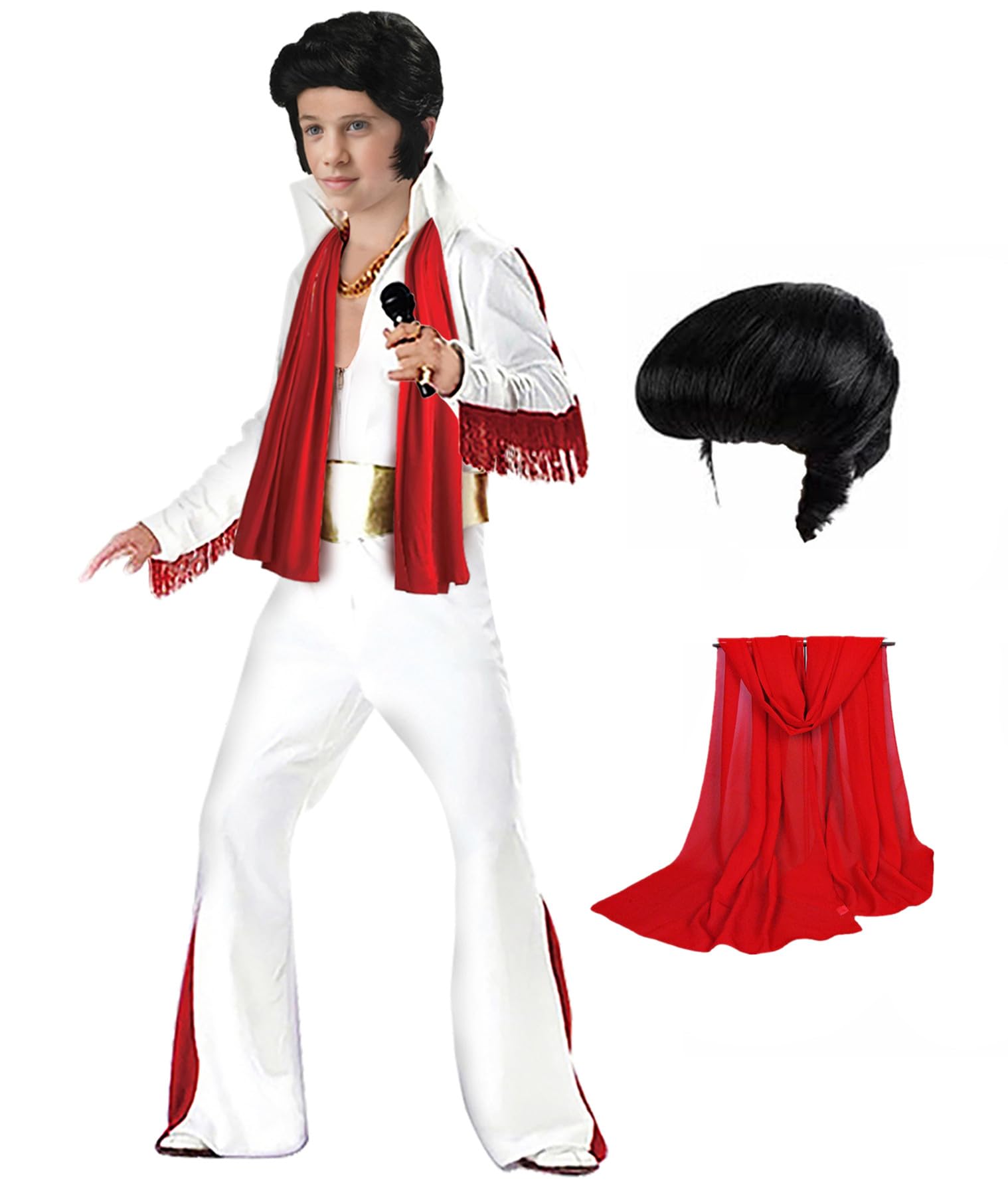 Halloween Costumes for Kids 5 Pieces-Jumpsuit Wig Sunglasses Belt Red Scarf- Role Play Cosplay Dancewear for Boys Girls 60s 70s 80s Fancy Ddress Costume Kids Christmas Carnival Musical Party