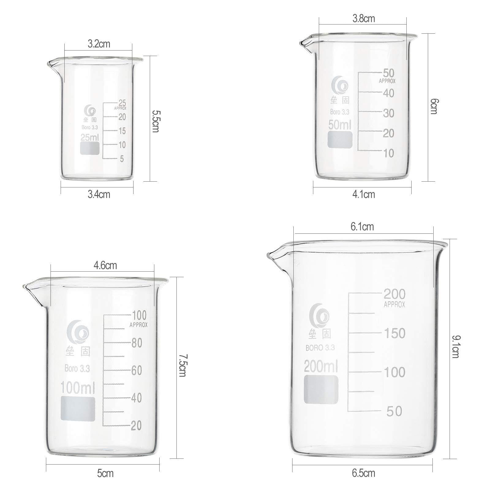 Set 4 Vasos Bécher Graduados 25-50-100-200ml + 4 Pipetas de Vidrio 1ml – Borosilicato 3.3 Resistente Calor Química Laboratorio