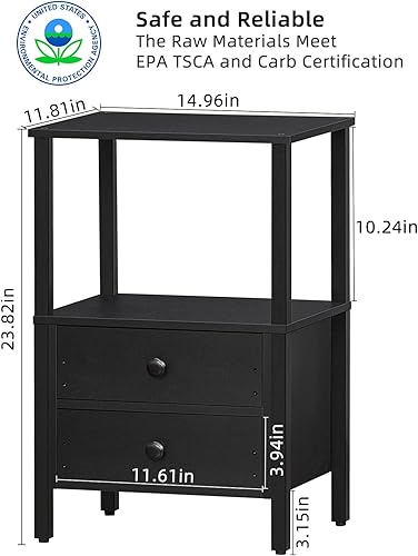 Miniatura 3 de Lerliuo Mesita de noche negra, mesita de noche pequeña con 2 cajones y estante abierto, mesa auxiliar de madera con almacenamiento, mesitas de noche