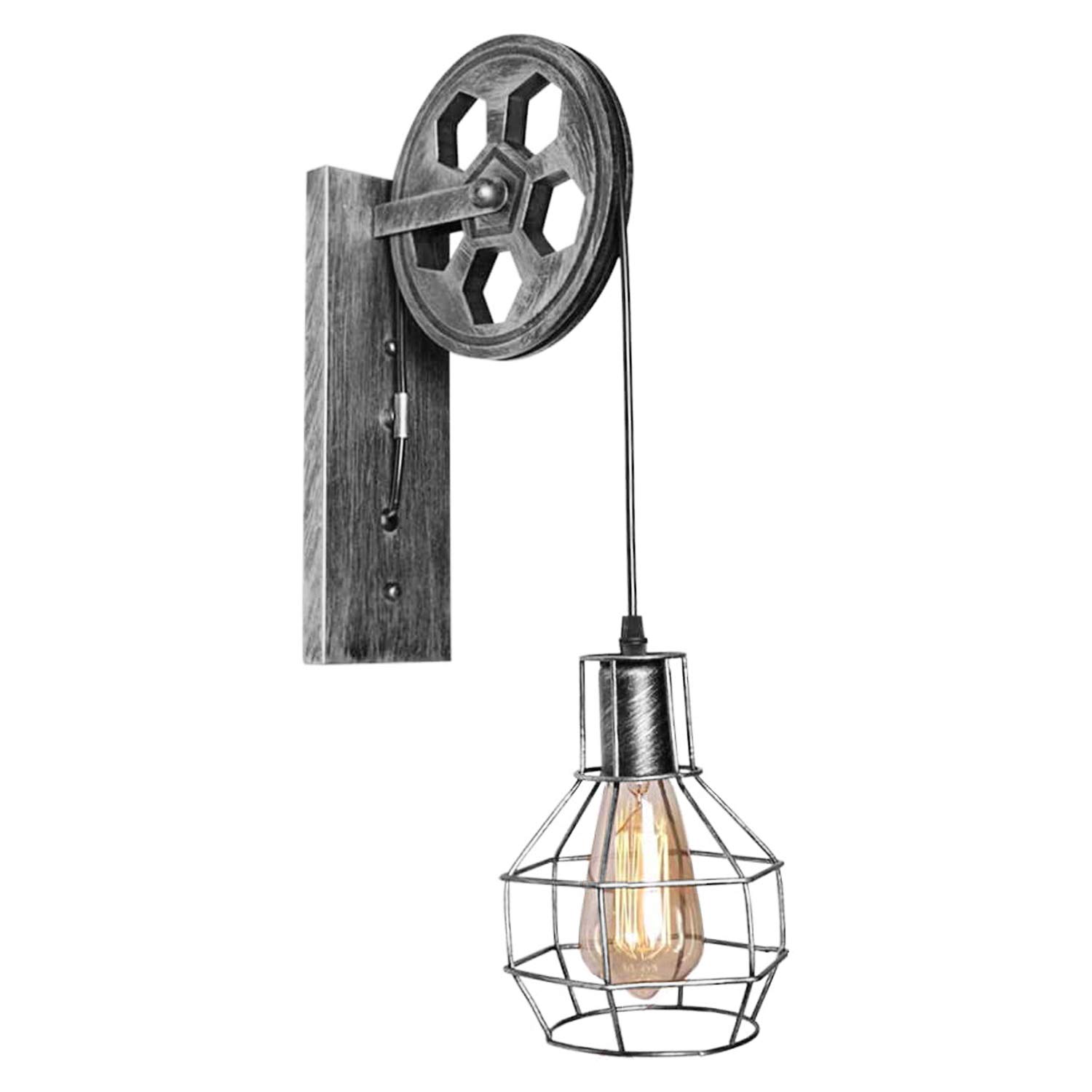 LEDSone Aplique de pared industrial vintage, lámpara de rueda de polea tipo loft retro, lámpara de plata cepillada antigua con pantalla de jaula de alambre (plata cepillada)