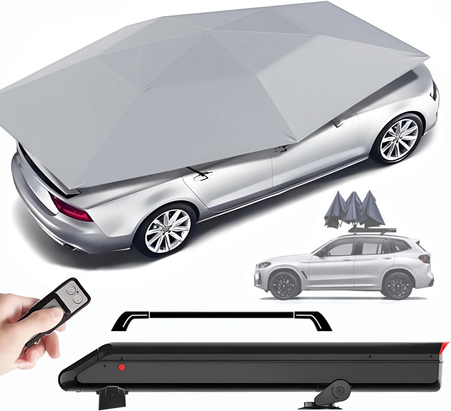 Universal 3.8x2.7m Automatic Car Umbrella with Remote Control - Fully Automatic Retractable Car Cover Canopy, Waterproof & Portable for Sedan/SUV Gray