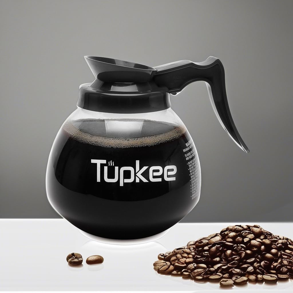 Tupkee Commercial Coffee Pot Replacement - SHATTER-RESISTANT Restaurant Glass Decanter Carafe - 64 oz 12 Cup, Black Handle/Regular, Compatible with Wilbur Curtis, Bloomfield, Bunn Coffee Pot