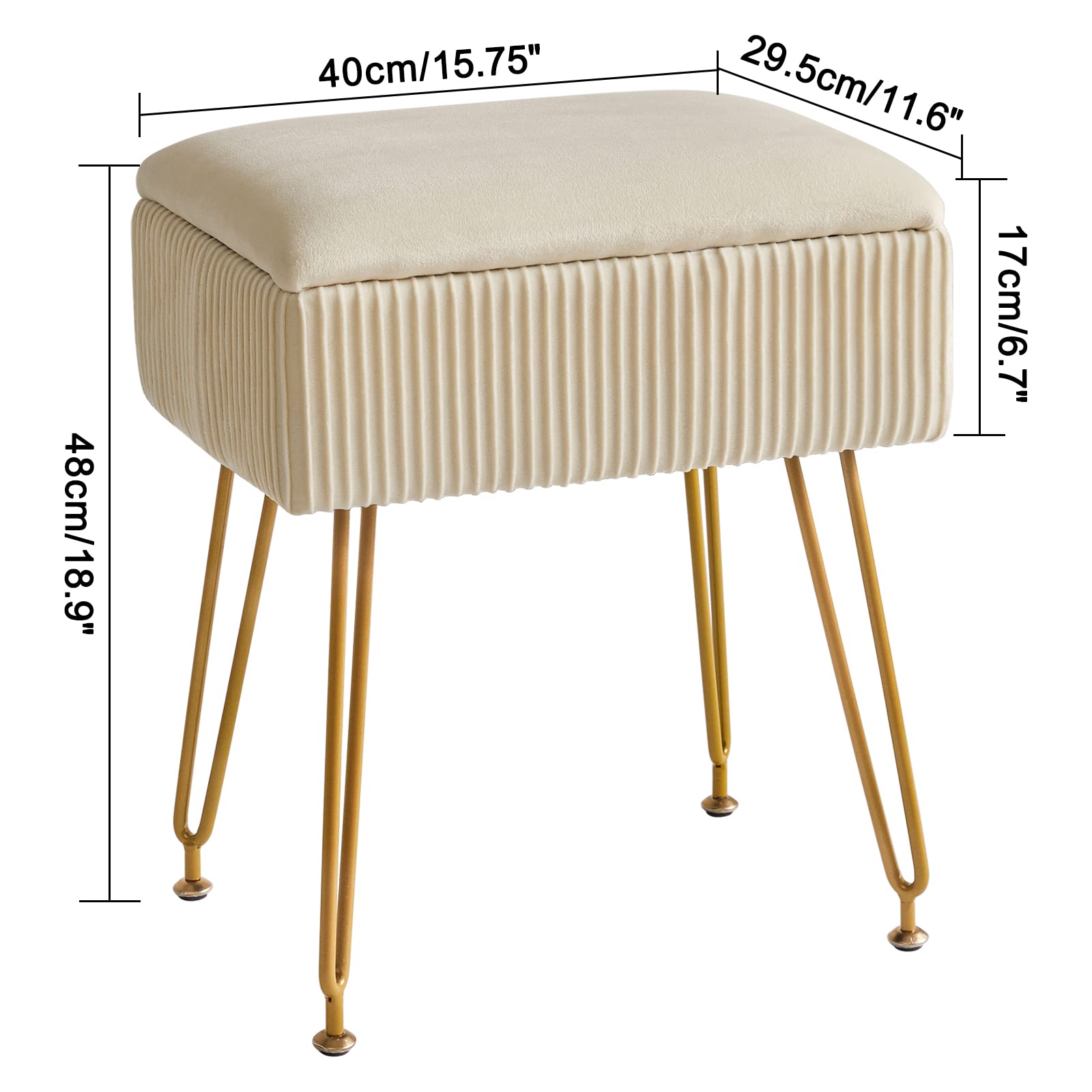 YMYNY Taburete de Terciopelo, Otomana de Almacenamiento, Soporte de Metal, Banco de Tocador para Maquillaje, Salón y Dormitorio - 40×29.5×48CM Beige HBD024M