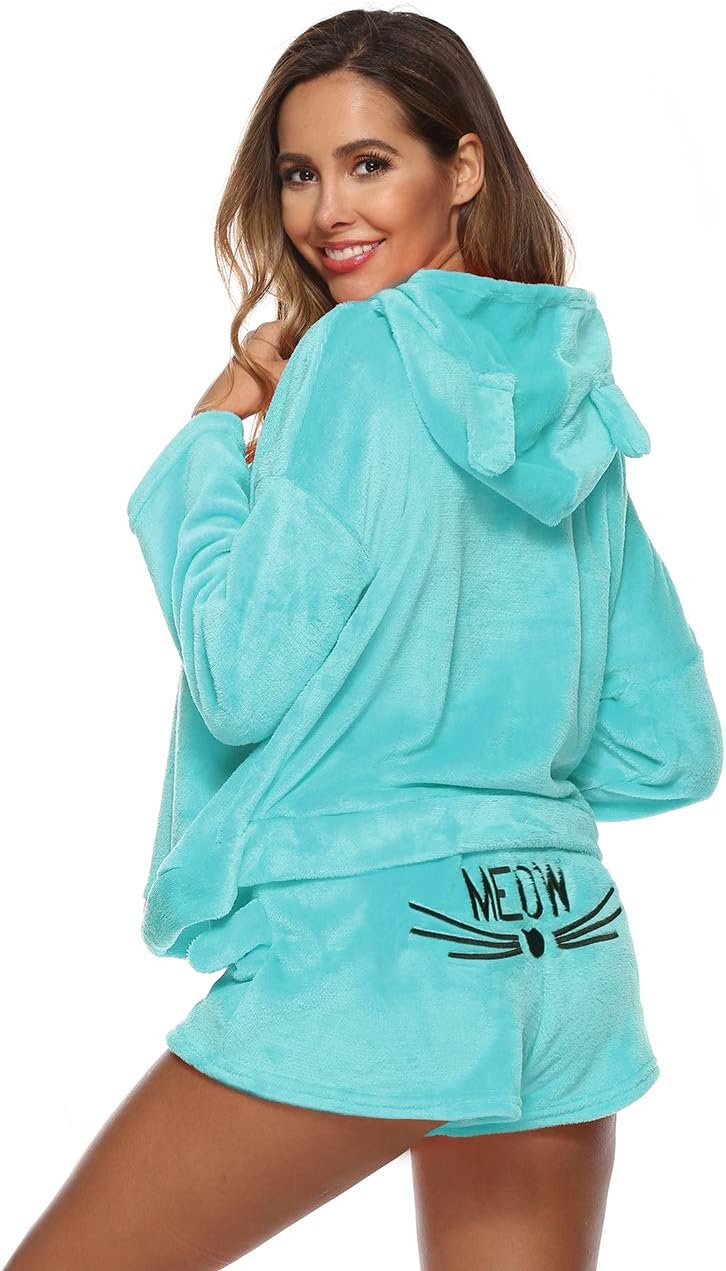 Amiliashp Cute Fleece Pajamas Hoodie Pullover Meow Embroidered Shorts PJ Set Sleepwear Roomwear for Women Girls Blue