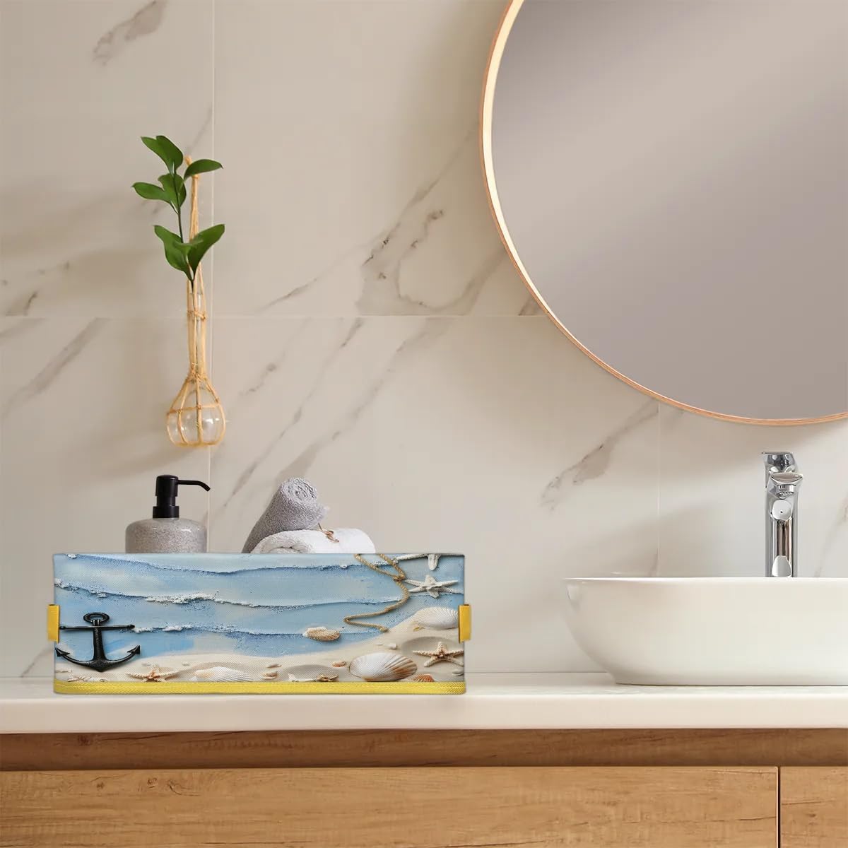 Beach Theme Toilet Tank Topper Paper Basket with Handle, Ocean Seashell Storage Basket for Organizing, Small Fabric Storage Bins for Bathroom Decor