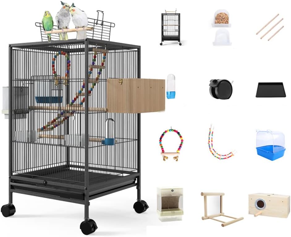 Lyfreen 33.8" Iron Bird Cage with Play Top Rolling Stand,Bird Toys,Breeding Box,Bird Bath,Bird Feeder Suitable for Budgerigar,Parakeet,Conure, Cockatiel,Finches and Medium Small Birds White