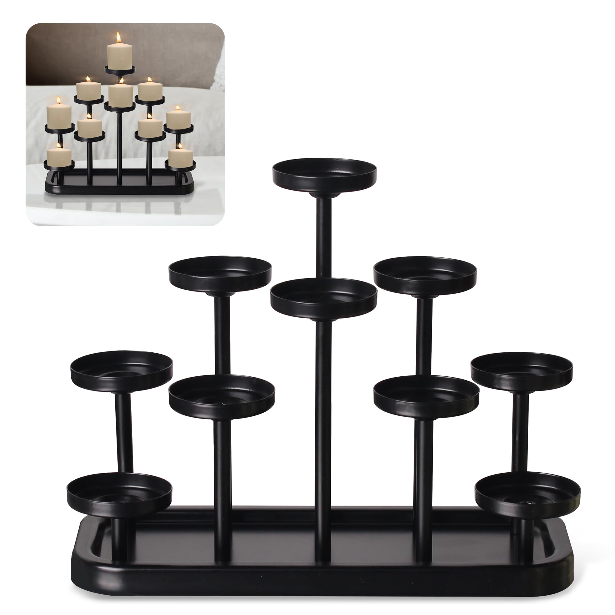 Yucanucax 10-Arm Tealight Candle Holders in Metal, Black, Candle Holders, Set of 10, for Dining Room Table Decoration, Decorative Tray