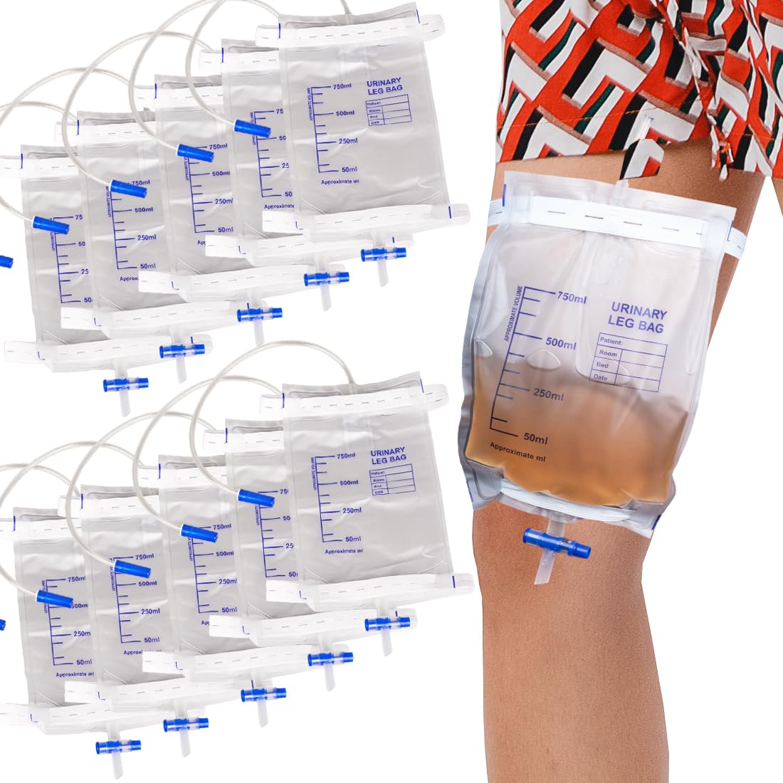10 Pack Leg Urinary Drainage Bags with Cloth Straps, Anti-Reflux Valve, 750ml Urine Leg Bags, Easy Push-Button Drain, 2 Adjustable Elastic Bands, Urinary Bag for Home and Hospitals Health Aids