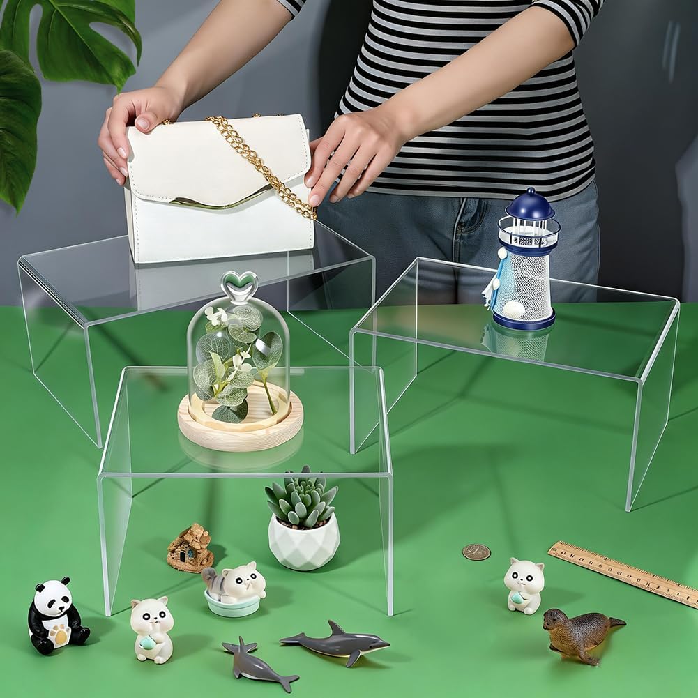 3 Sizes Large Acrylic Display Risers 10/12/14" Clear Display Stands 5mm Thick U-Shaped Transparent Acrylic Shelf Risers for Cupcake Jewelry Perfume Collectibles Dessert Cosmetics