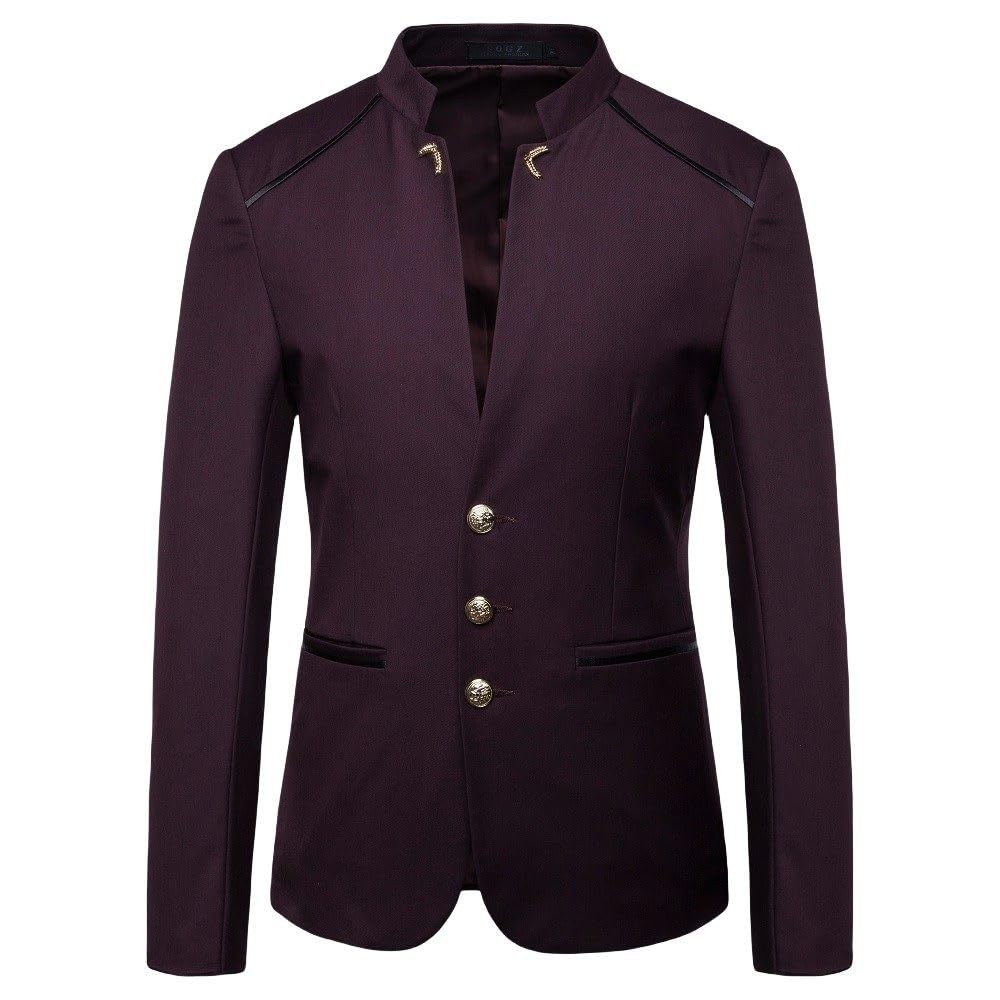 Cultp Men's Wine Red Suit Jacket For Vintage Lightweight Blazer Jacket Long Sleeve Solid 3-Buttons Chinese Collar Grandad Suit Jacket Slim Fit Suit Blazer Casual Smart Smoking Dinner Blazer,,L