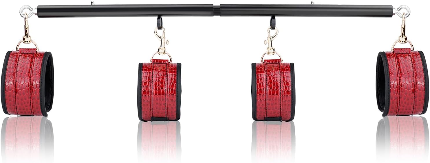 Spreader Bar Heavy Duty Stainless Steel Expandable Bar Home Gym with 4pcs Furry Crocodile Red Adjustable Strap,Sports Aid Training Pilates Aid Kit,Indoor Yoga Set