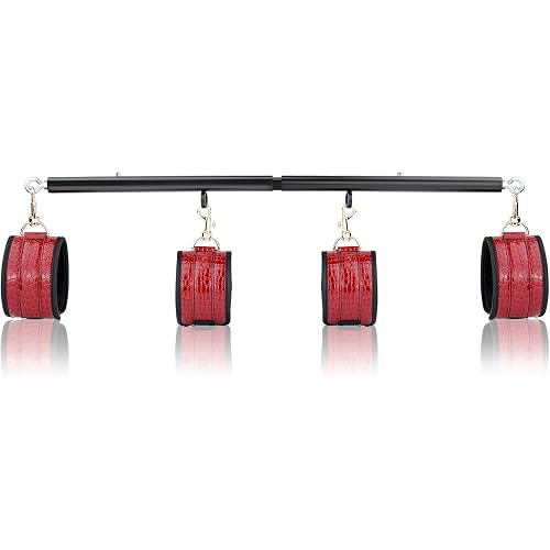 Spreader Bar Heavy Duty Stainless Steel Expandable Home Gym with 4pcs Adjustable Straps,Sports Aid Training Fitness Gear Pilates Aid Kit,Yoga Set (Black+Crocodile-Red Set)