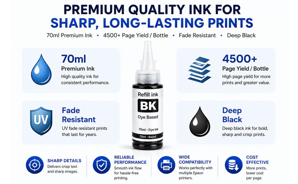 Image of ROHINK T664 Black Compatible Refill Ink, 70ml x 4 Bottle