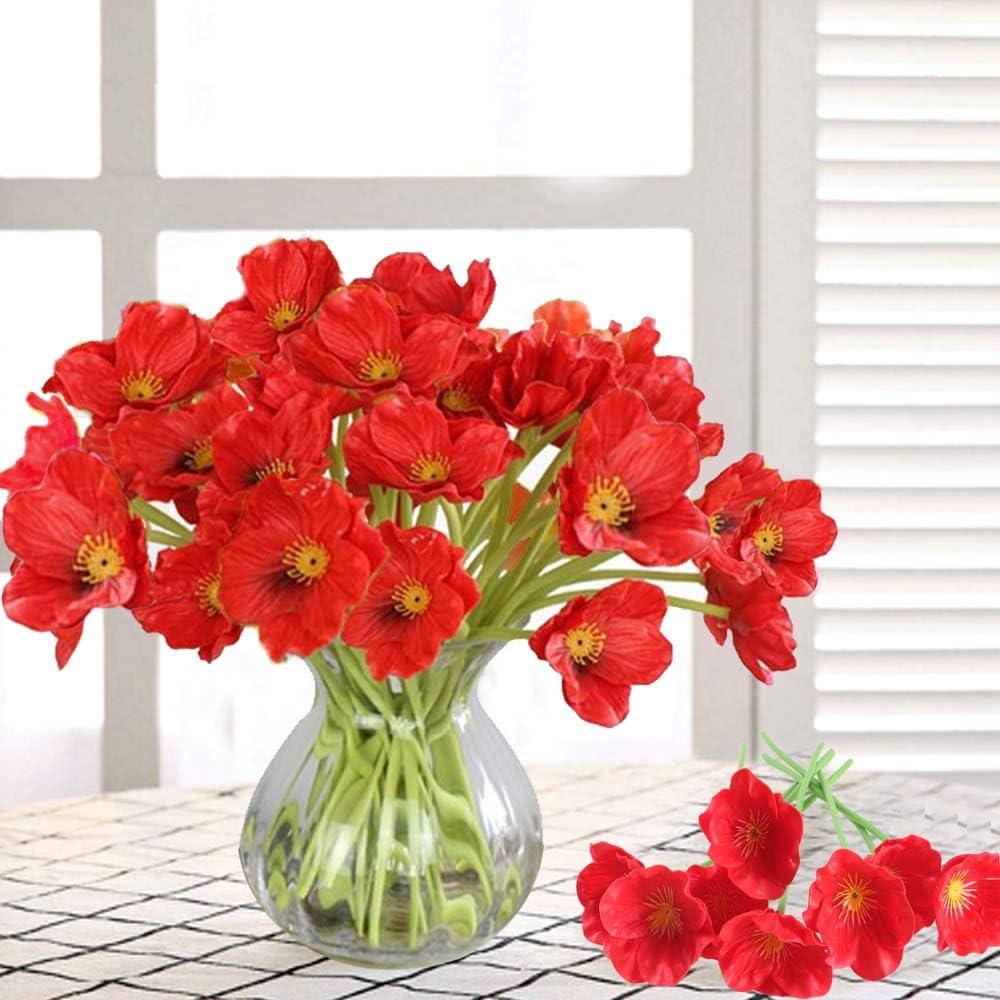 20pcs Artificial Flowers Red Flowers Real Touch Flowers Faux Flowers Bulk for Indoor Outdoor Home Kitchen DIY Hotel Table Centerpieces Garden Wedding Decor