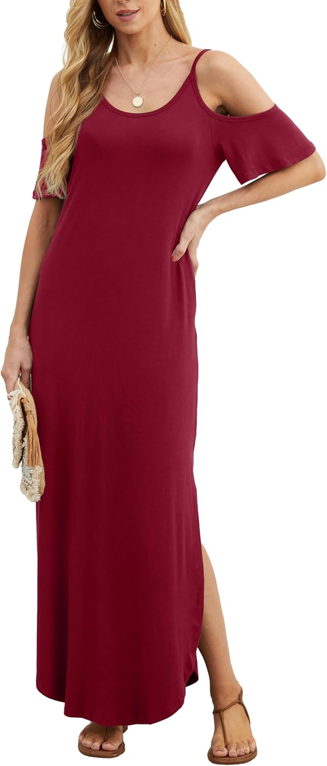 GRECERELLE Women Summer Maxi Dresses Casual Loose Strapless Strap Cold Shoulder Short Sleeve Split Long Dress with Pocket - Image 2