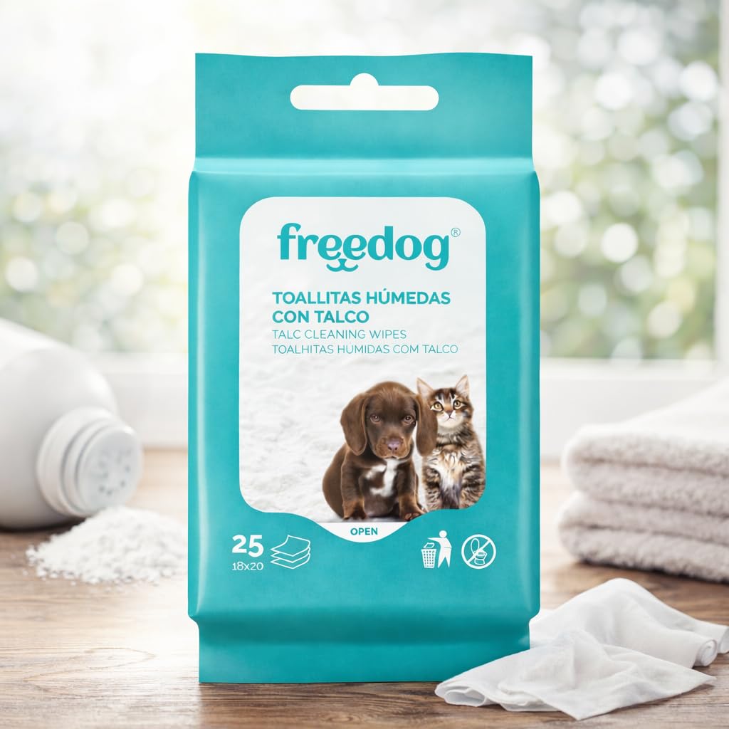 Freedog Pack 9 Paquetes de 25 Unidades Toallitas Húmedas para Perros y Gatos Esencia Talco - Toallitas - Toallitas Húmedas - Limpiador Patas Perro - Eliminador De Olores - Toalhitas - Limpieza