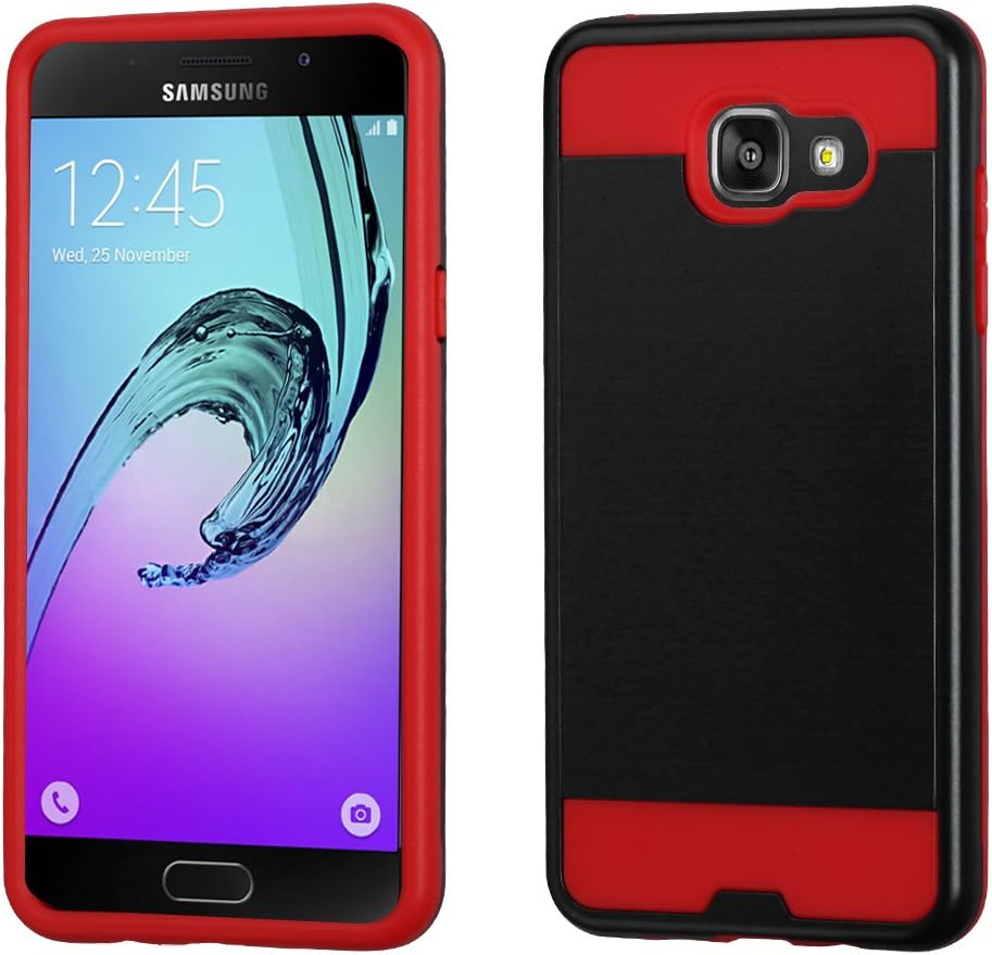 Funda Case para Samsung Galaxy A5 2016 Doble Protector de Plástico con Aspecto Metálico Uso Rudo (Negro con Rojo)