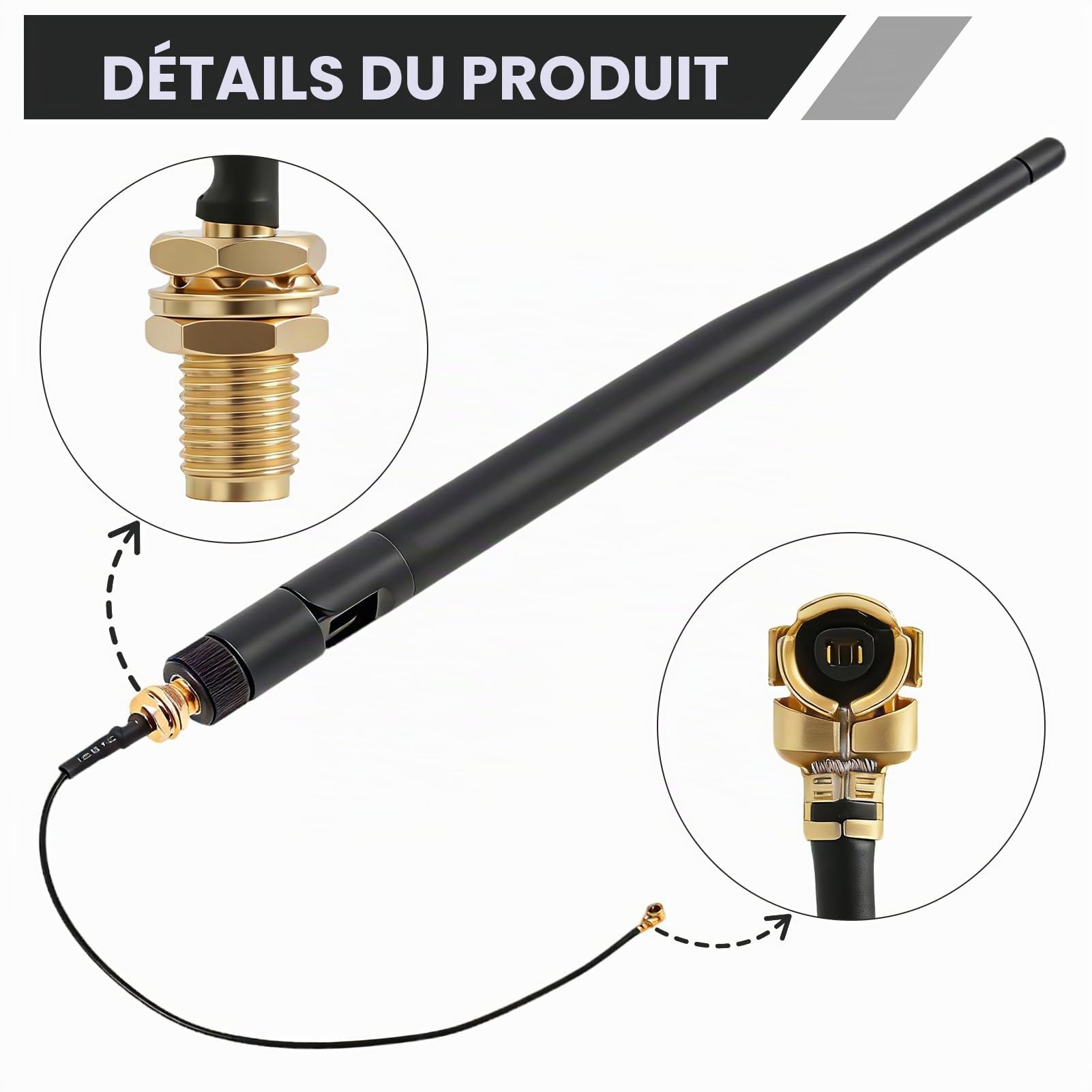 Lot de 2 adaptateurs d'antenne LoRa 868 MHz 5 dBi Gain Omnidirectionnel SMA mâle avec SMA femelle Câble adaptateur d'antenne pour carte OLED Meshtastic ESP32 LoRa avec rallonge IPEX de 15 cm
