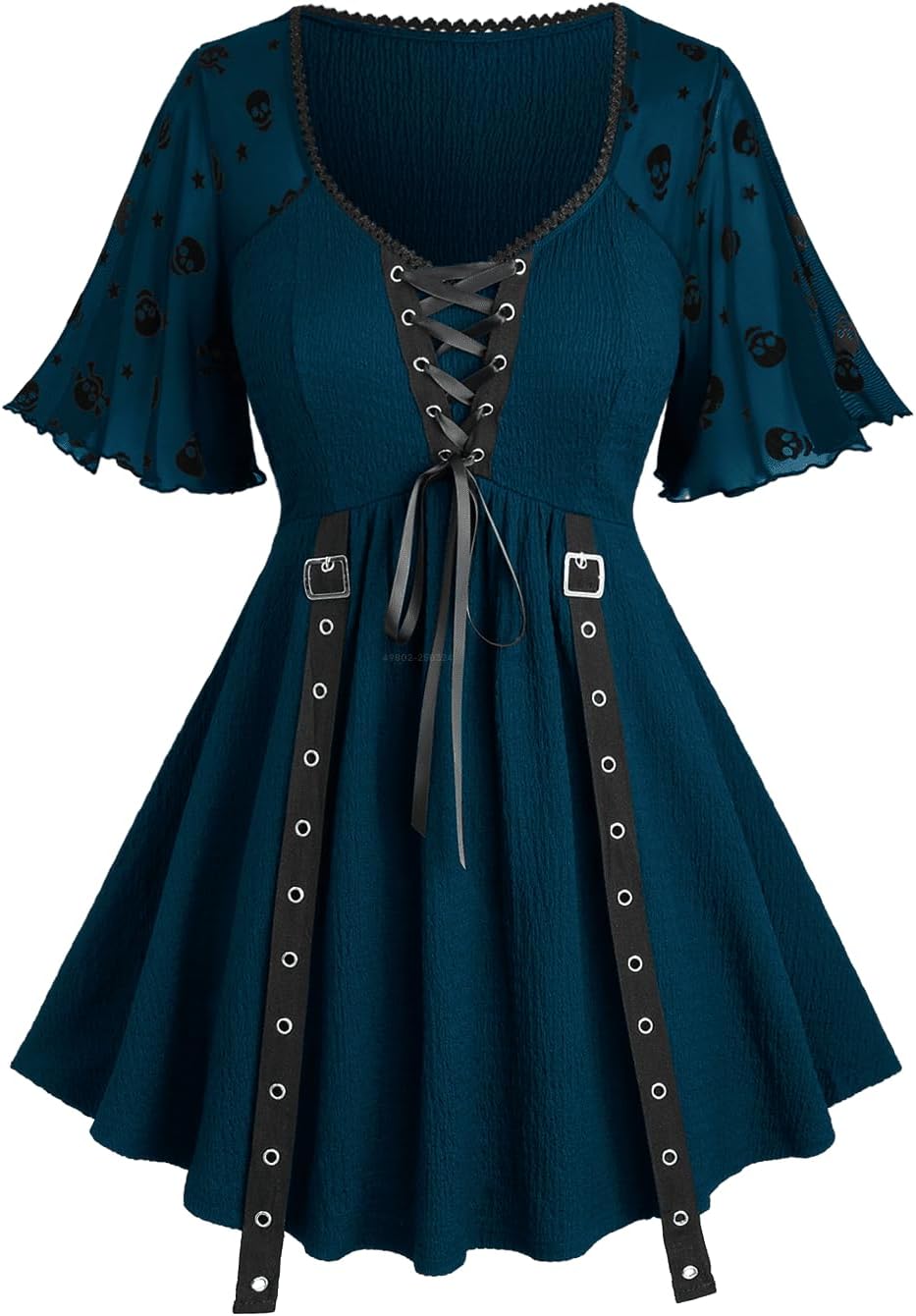 ROSE GAL Women Plus Size Gothic Blouse Skulls Mesh Flocking Flutter Sleeves Lace Up Crinkle Textured Goth Swing Top