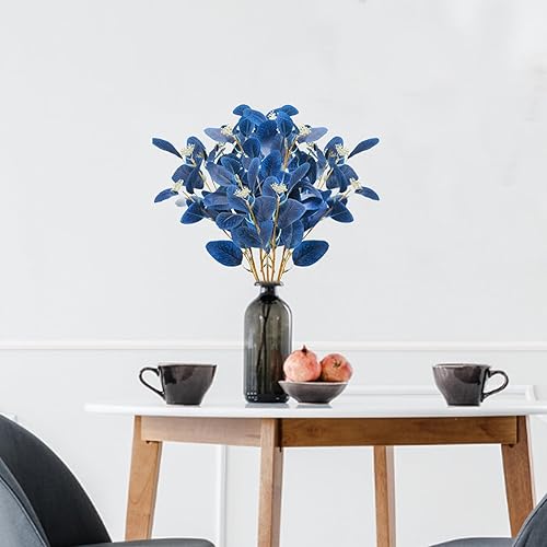 Miniatura 4 de GTIDEA 6 tallos de eucalipto sintéticos, hojas de eucalipto artificiales azules, tallos verdes, ramas con semillas, planta de eucalipto de dólar