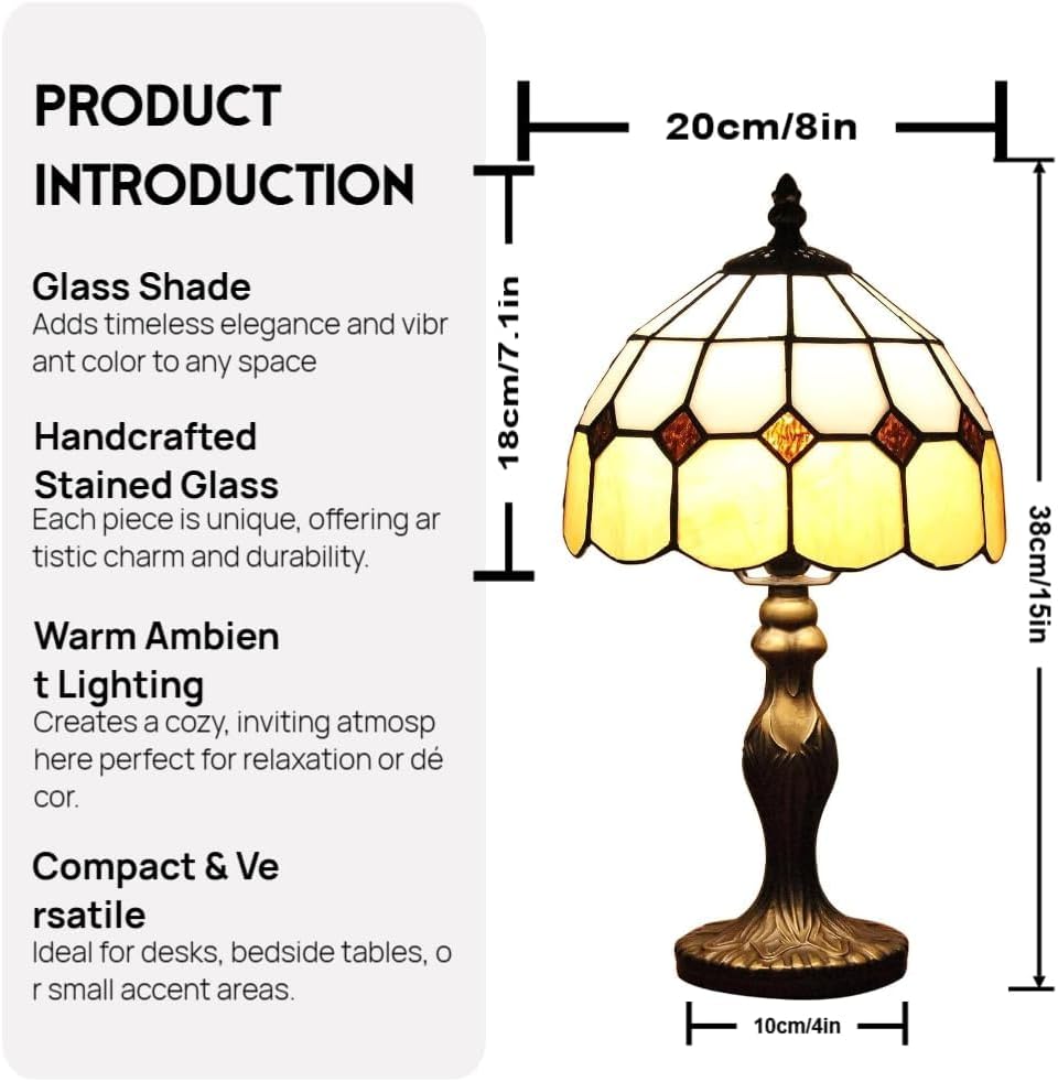 Tiffany Style Table Lamp 8 Inch, Handmade Stained Glass Vintage Bedside Lamp, Art Glass Desk Light for Bedroom Office Living Room