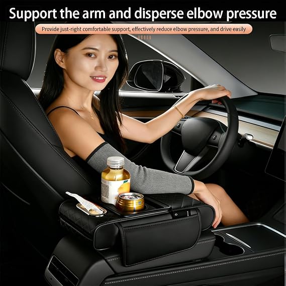 Car Armrest Storage Box,5 in 1 Armrest Box pad with 2 Storage Pockets,Cup Holder,Tissue Box Slot and Phone Holder,Universal Car Interior Organizer