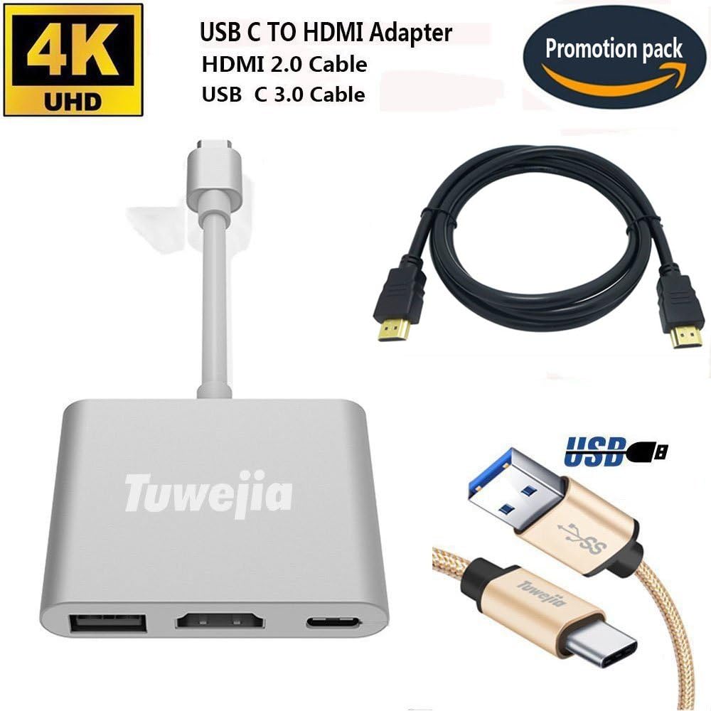 USB-C to HDMI Adapter + USB C Cable 3.3Ft + HDMI Cable 6Ft,Tuwejia Type C to HDMI 4K+USB 3.0+USB-C Converter Charging Port Adapter with Large Projection for MacBook/Chromebook Pixel/Sumsang S8