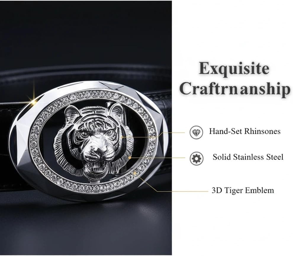 Men's Genuine Crocodile Leather Belt Handmade Alligator Skin Dress Belt Hand-Inlaid Steel Tiger Head Buckle Luxury Belt