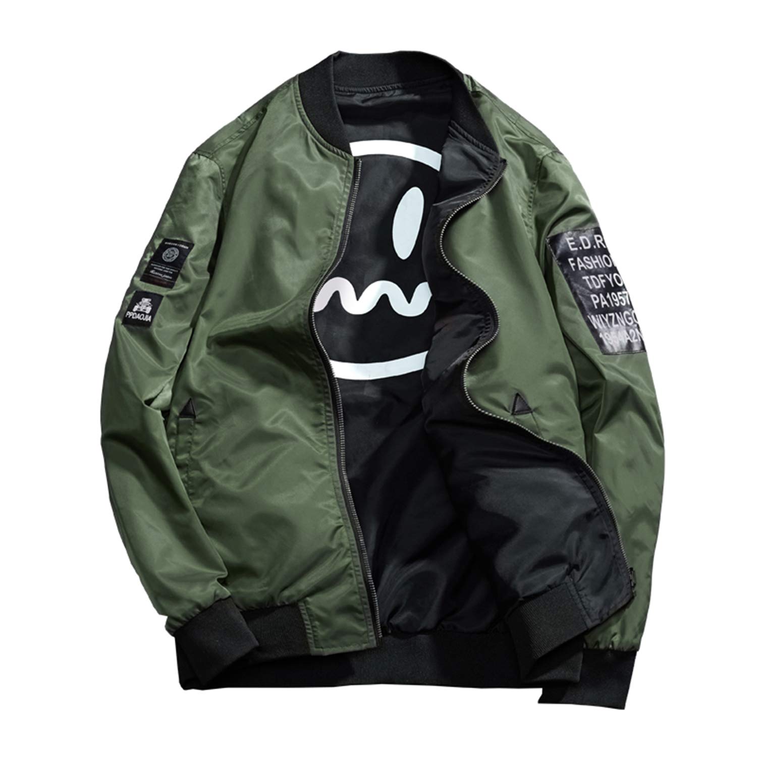 Men's Smiley Emoji Faces Baseball Reversible Bomber Jacket Letter Printed Zipper up Windbreaker Jacket Coat Outerwear (Army Green, XX-Large)