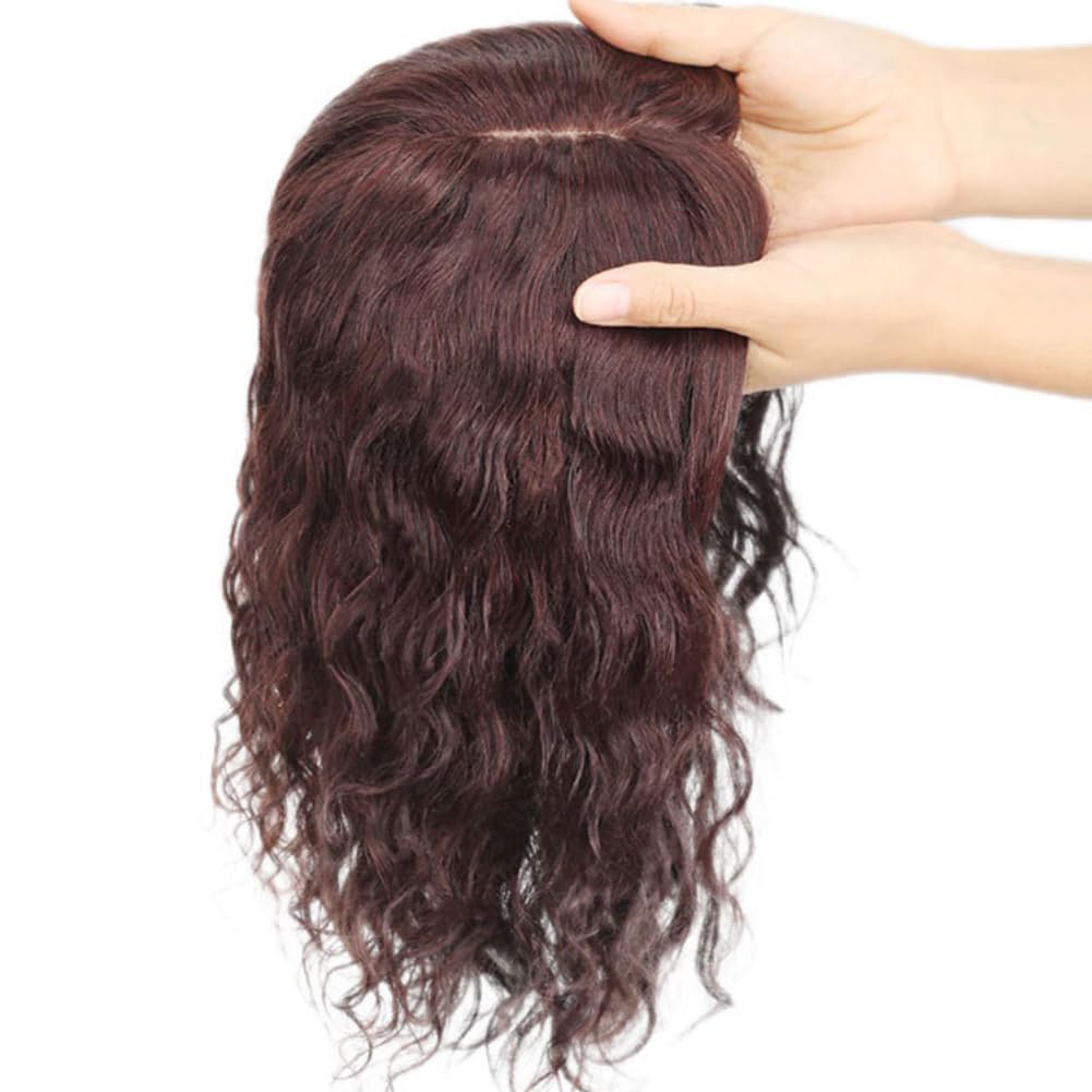 Clip In Toppers Human Hair One-piece Middle Long Curly Hair with Bangs Wiglet Hairpiece for Women Thin Hair White Hair (Natural black,30cm)