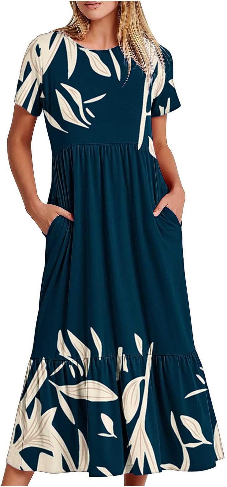 Long Summer Dresses for Women UK Short Sleeve Round-Neck Floral Dress Loose Fit Beach Holiday Party Dress Flowy Swing Dress Laies Casual Dress with Pockets Calf Length Boho Dresses