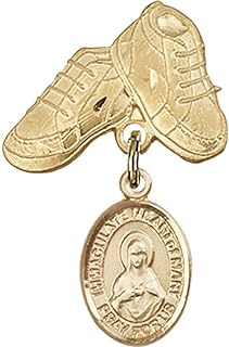 Gold Filled Baby Badge with Immaculate Heart of Mary Charm and Baby Boots Pin 1 X 5/8 inches