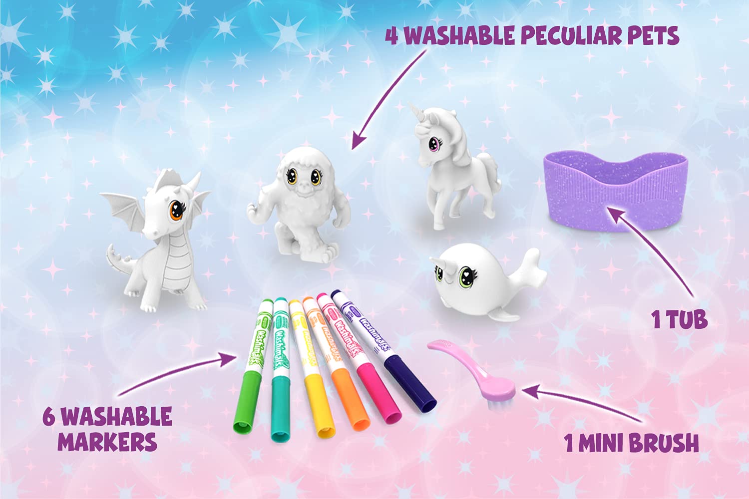 Crayola Washimals Peculiar Pets, niezwykły zestaw figurek do zabawy do malowania i kąpieli, salon prania dla mitycznych stworzeń, zabawki dla dzieci, zabawki dla dzieci od 3 lat, 12-częściowy zestaw
