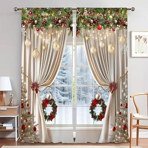 Ratpzou Cortinas estampadas navideñas con diseño de bola de Navidad, 2 piezas con estampado plano 2D con copos de nieve y ramas de pino para dormitorio, sala de estar, decoración de fiestas, 150 x 73