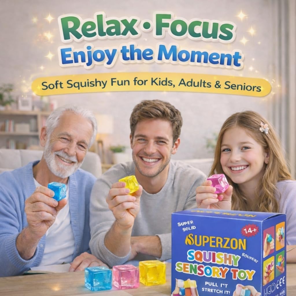 Square Stress Cube Pack of 3 – Sensory Squishy Fidget Toys for Kids & Adults | Ice Cube Anxiety & Stress Relief 3.3m (3 Colors in 1 Pack)
