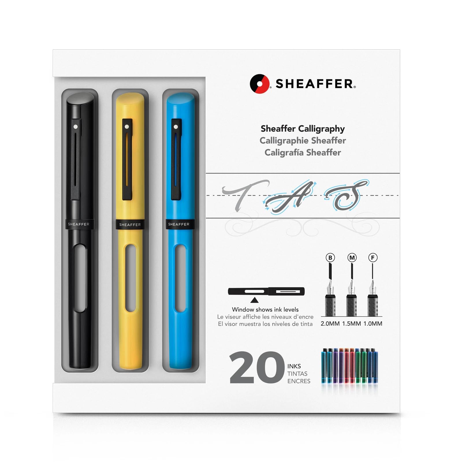 Sheaffer 93404-2 Kalligraphie Füller Set Maxi (Federstärke M, B und F, inkl. Patronen) schwarz, gelb und blau, 26 Stück (1er Pack)