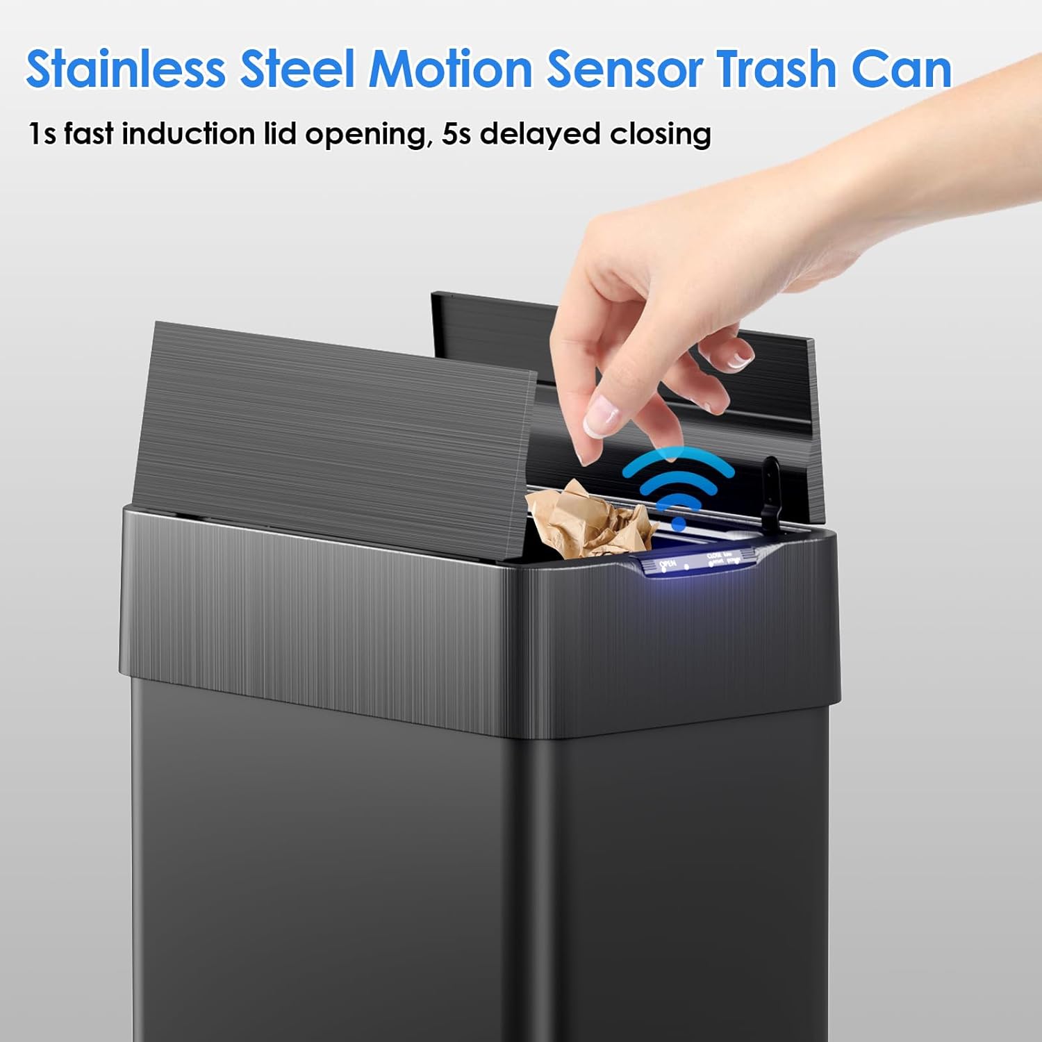 TLSUNNY 13.2 Gallon Automatic Trash Can, Stainless Steel Motion Sensor Garbage bin, Smart Trash Can W/Butterfly Lid, Bag Retainer Ring and Display Light for Living Room,Kitchen,Office (Black, 50L) - Image 3