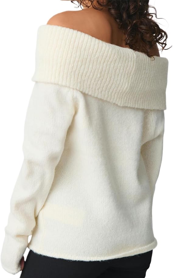 SANSIWU Womens Off The Shoulder Sweater Y2K Oversized Long Sleeve Slouchy Knitted Loose Pullover Sweaters Tops Streetwear