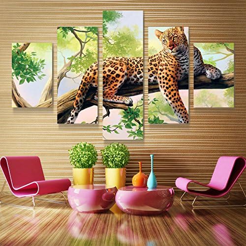 Xuanyi Art 5Panel African Leopards Canvas Printing Painting Pictures Wall Art Home Decor Prints On Canvas(With Inner wood frame ready to hang directly) EMS(6-8 Working Day)