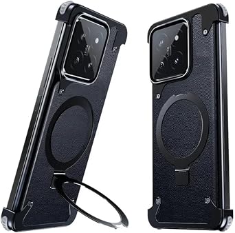 Metal Magnetic Frameless Phone Case Bumper with Stand Phone Cover for Xiaomi 14/14 Pro Bazel-Less Phone Case,Leather Black,for Xiaomi 14 Pro