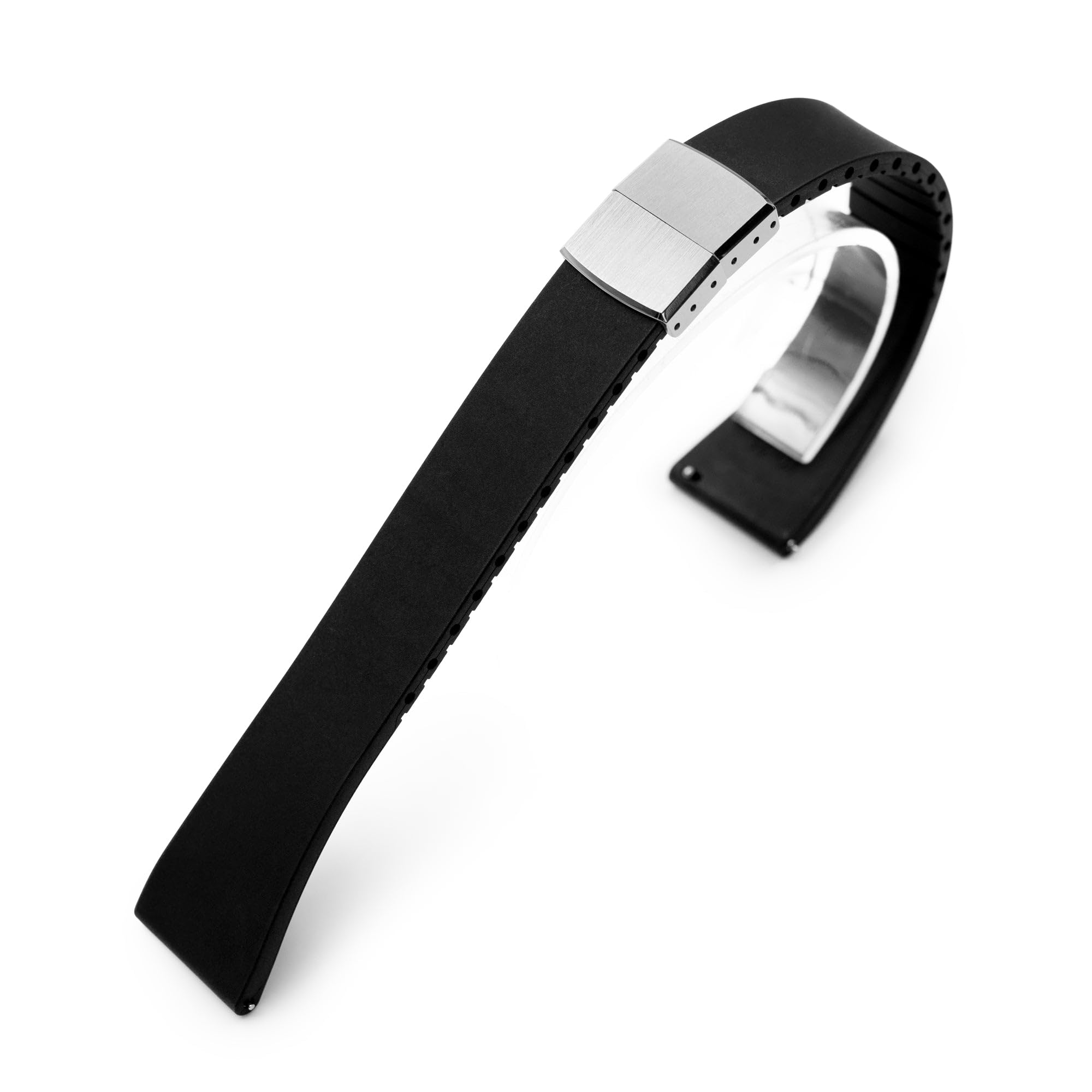 MiLTAT Bracelet de montre FKM à dégagement rapide en caoutchouc noir de 21 mm avec fermoir déployant papillon, plat minimaliste