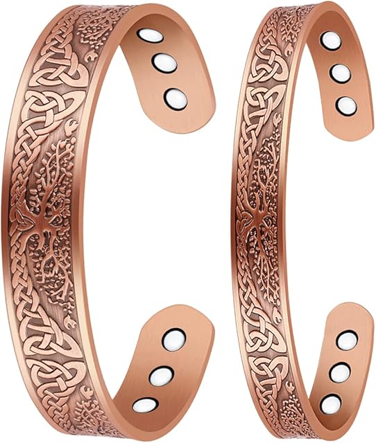 Vicmag 2PCS Lymphatic Drainage Copper Magnetic for Men Women Ultra Strength Magnetic 99.99% Solid Pure Copper Cuff Bangles (Adjustable Size with Gift Box) (Tree Copper)