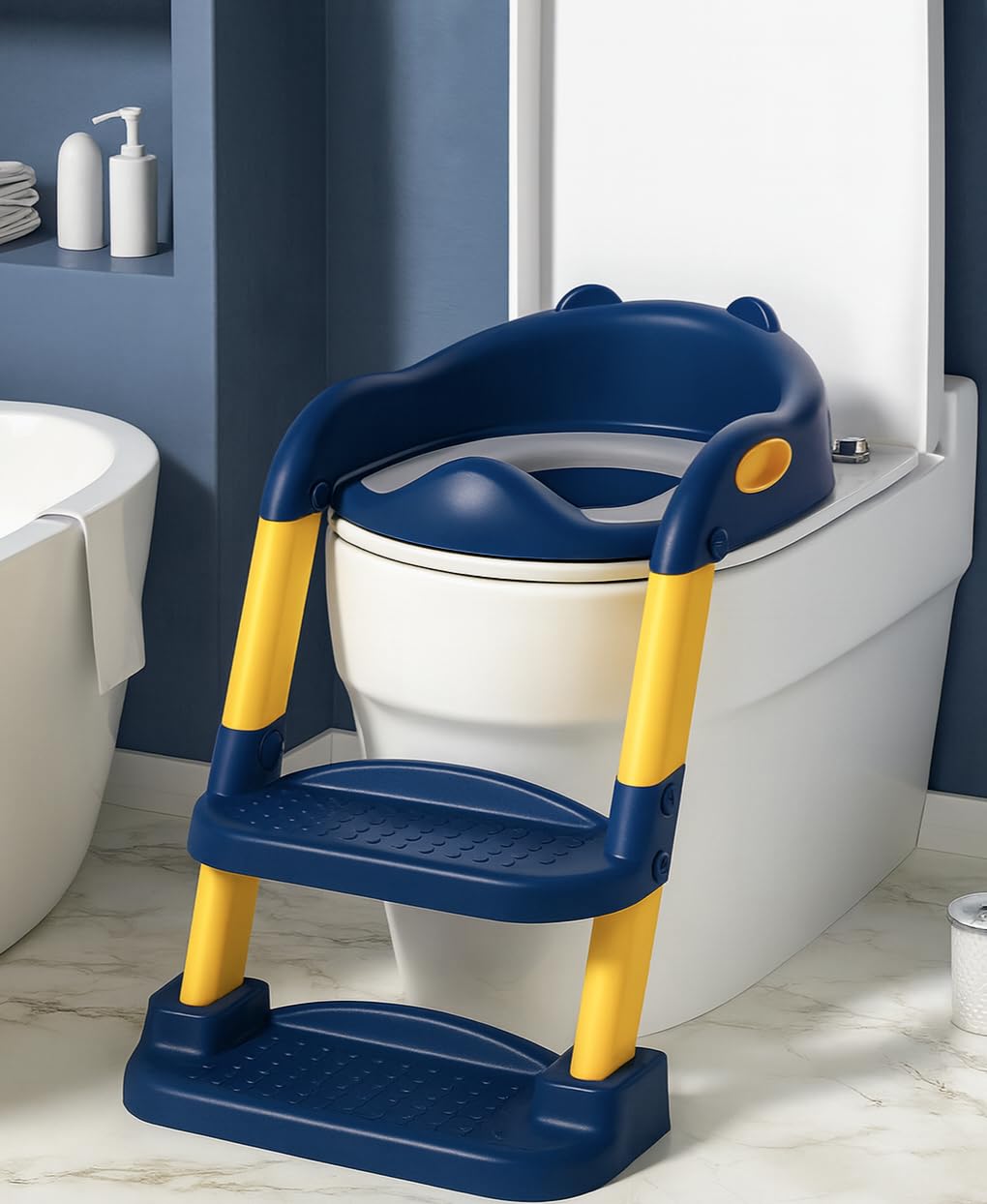 Potty Training Seat with Ladder for Kids (6M–7Y) | Foldable Adjustable Potty Chair for Boys & Girls | Non-Slip Toilet Training Seat with Step Stool, Smooth Seat & Splash Guard, MNPL2 Navy