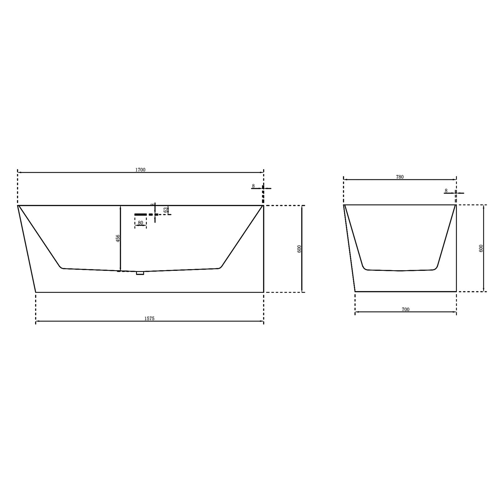 Vasca da bagno freestanding NOVA SLIM LINE - bianco lucido - installazione a destra - Senza rubinetteria, Senza sistema di drennaggio, 150 x 78 cm