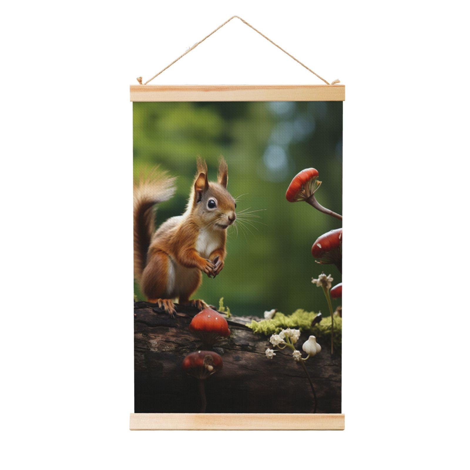 Red squirrel on small green ​hill Poster Wooden Shaft Hanging Poster Wall Hanging Banner Canvas Artwork with Wood Frames 16"x24" Modern Artwork Decor Ready to Hang Wall Art for Home Decor Scroll