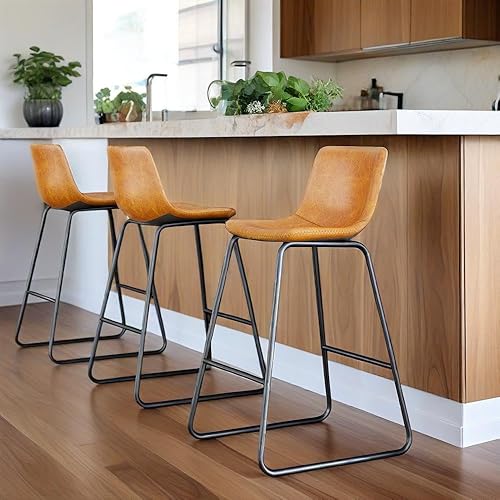 Miniatura 3 de Juego de 3 taburetes de bar de 26 pulgadas, modernos taburetes de bar de altura de barra, taburetes de bar de cuero sintético con respaldo y patas