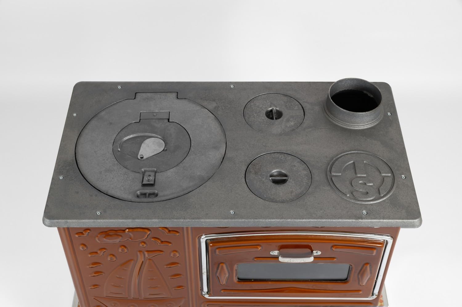 Estufa de leña con horno grande, placa de hierro fundido y cuerpo esmaltado, calefacción y cocina interior y exterior con accesorios – LPP ZIBAR