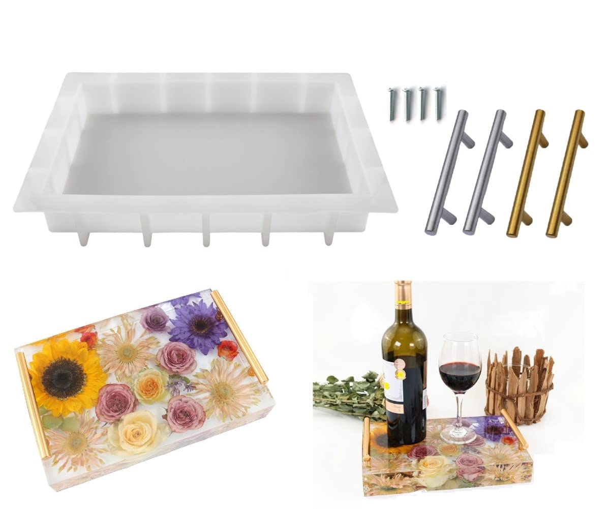 ModWgGuo Resin Tray Molds Silicone, 13.5" Large Rectangle Deep Tray Resin Mold & Gold and Silver Handle, Shiny Silicone Tray Board Table Mold for Resin, Floral Preservation Bouquet Resin Mold