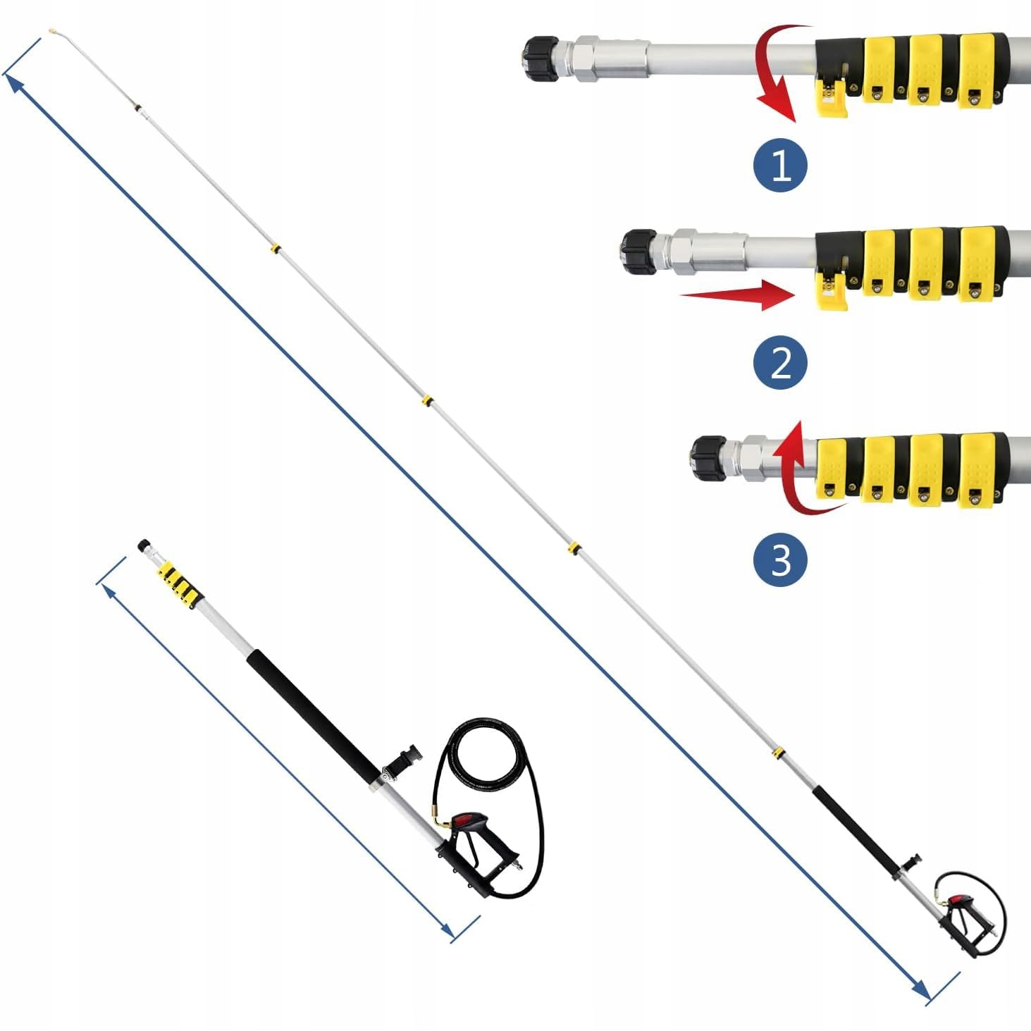 Rosfix PowerReach ProMax Zestaw 6,3 m teleskopowa lanca - lekkie aluminium, 4000 PSI, 7 dysz, szczotka, pasek, do myjki wysokociśnieniowej, akcesoria do czyszczenia na zewnątrz
