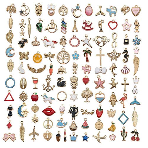 Bastex 100 Pcs Bulk Assorted Gold Plated Enamel Pendants. Necklace and Bracelet Bangle Charms for Jewelry Making, Mixed Star Fruit, Animal, Moon, for Anklet & Earring